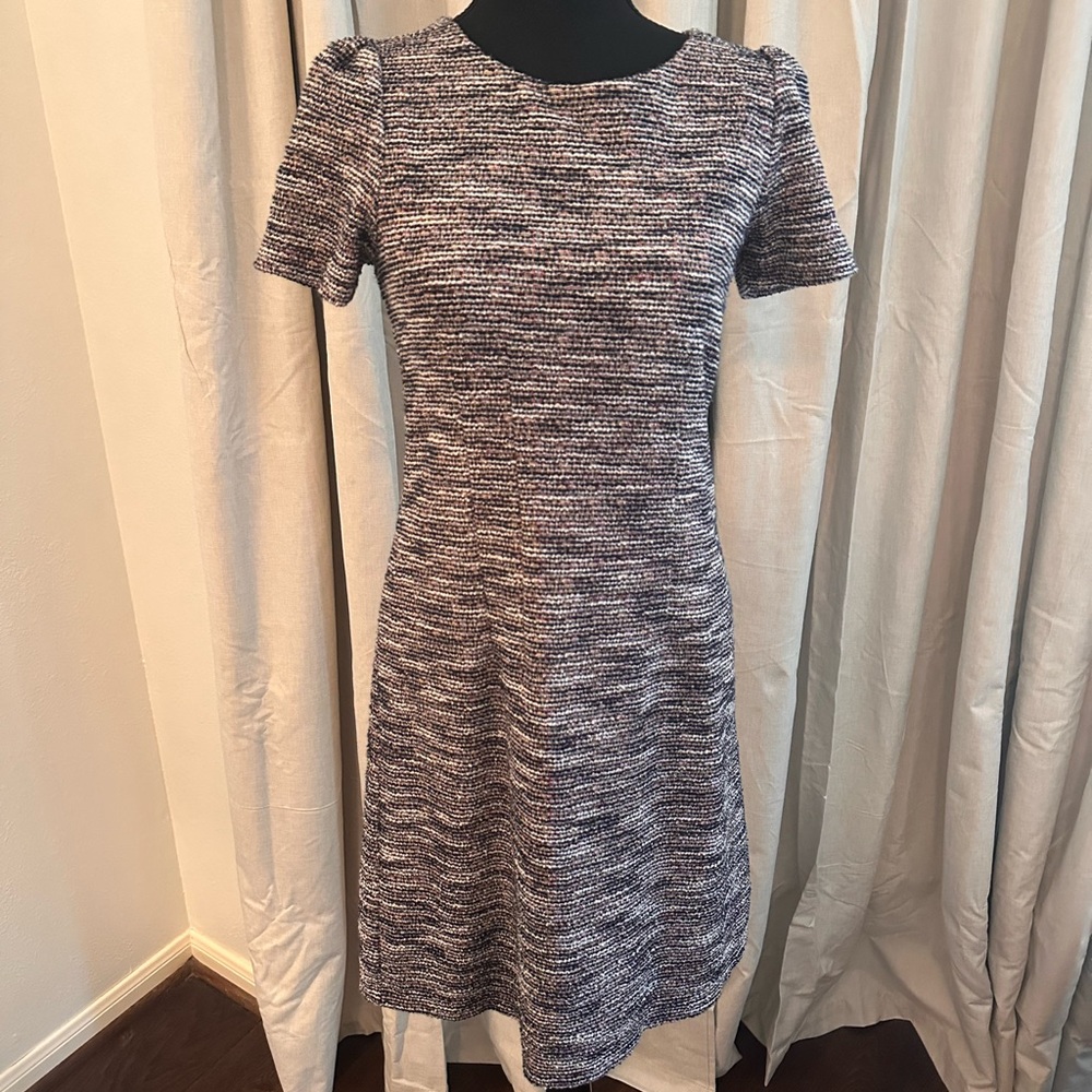 LOFT Navy and White Short-Sleeve Textured Mini Dress